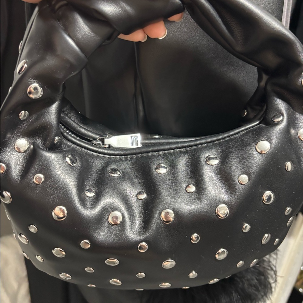 Black Studded Leather Shoulder Bag